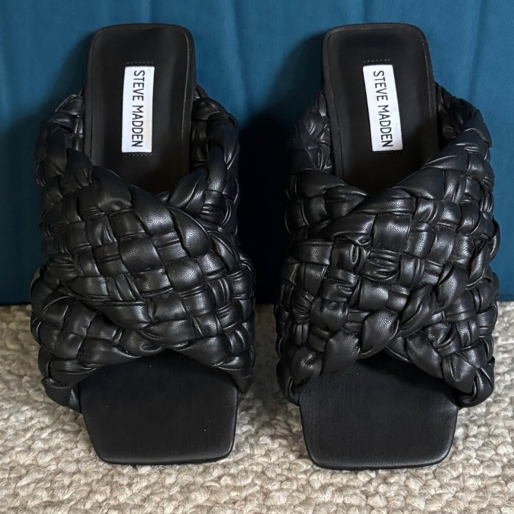 Womens Steve Madden Marina Faux Leather Square Toe Flat Sandal Black Size: 8